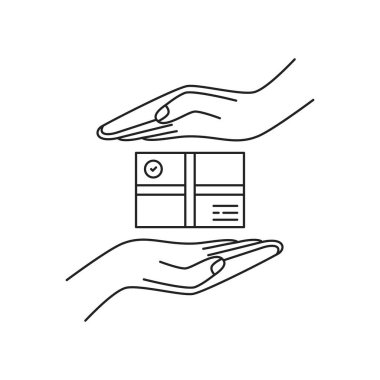 Korunan teslimat ikonu gibi iki el ele tutuşun. Elektronik ticaret konsepti, piktogram, teslimat siparişi ya da adrese hızlı gönderme. Web ve iş dünyası için basit doğrusal grafik çizim tasarımı soyut ögesi