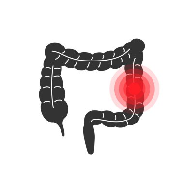 intestinal pain or irritable bowel syndrome black icon. logotype design of unhealthy gut sign or internal organ of digestive system pictogram. flat simple graphic element isolated on white background clipart
