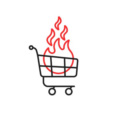 Alev ikonlu ince bir tramvay. Müşteri ya da süpermarket müşterileri için e-market amblemi ya da kolay sipariş kartı. Grafik tasarımı veya ekommerce İnternet sitesi için basit web ögesi