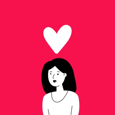 Büyük yürekli bir kadın aşkı hisseder. Basit grafik tasarım ögesi düz minimal stilde. Mantıksız ve romantik bir ruh hali içinde soyut bir kadın mutlu, kaygısız bir hayat içinde coşku ve tutkuyla.