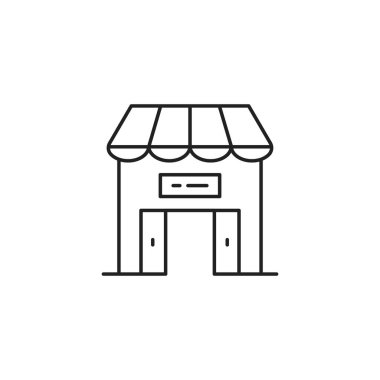 İş için siyah ince çizgi dükkanı ya da kafe ikonu. Web sitesi veya basit ince çizgi biçiminde soyut grafik tasarımı için minimal web ögesi. küresel perakende sektörü veya kârlı ve kolay ticari faaliyetler
