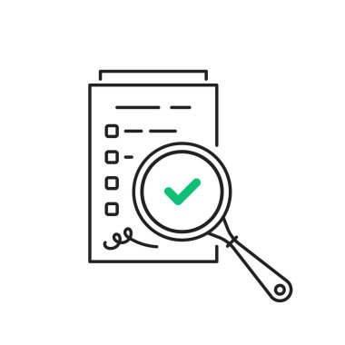 İnceleme sembollü ana hatlı büyüteç. Mali yönetimde kalite kontrolü ya da iş sözleşmesinde istatistiksel ve kolay analitik. Grafik tasarımı için doğrusal biçimdeki basit öge