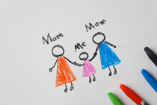 drawing Two women and children in family Same-sex marriage and adoption, homosexual lesbian couple.