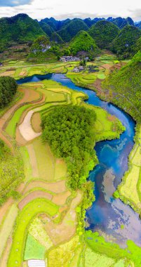 Çin 'in Guizhou kentindeki Pingtang ilçesinin kırsal manzarası dünyanın en büyük tek çanaklı radyo teleskopuna ev sahipliği yapmaktadır..