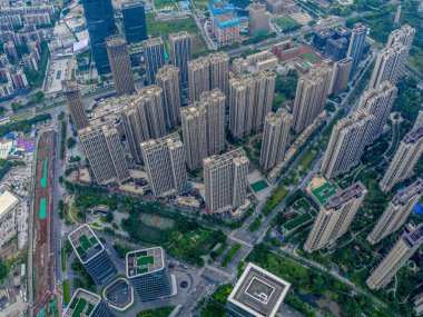 Pazhou İş Bölgesi, Guangzhou 'daki binaların hava manzarası..