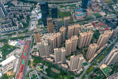 Pazhou İş Bölgesi, Guangzhou 'daki binaların hava manzarası..