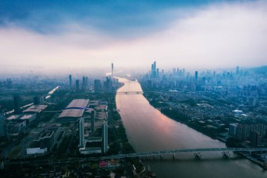 Pazhou İş Bölgesi, Guangzhou 'daki binaların hava manzarası..