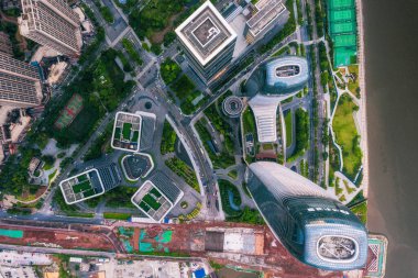 Pazhou İş Bölgesi, Guangzhou 'daki binaların hava manzarası..
