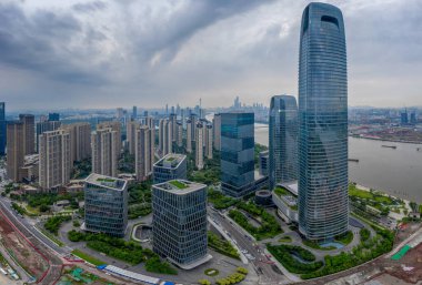 Pazhou İş Bölgesi, Guangzhou 'daki binaların hava manzarası..