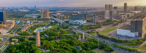 Flygfoto Över Skymningen Landskapet Pazhou Business District Guangzhou Kina — Stockfoto
