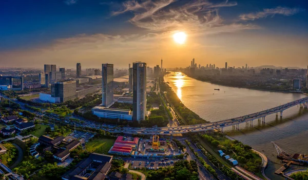 Flygfoto Över Skymningen Landskapet Pazhou Business District Guangzhou Kina — Stockfoto