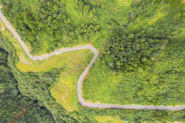 Qiannan, Guizhou, Çin 'deki Sandu Shui Özerk Bölgesi' nin karakteristik binaları ve doğal ortamı..