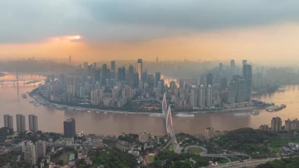 Aerial View Mountain City Chongqing China Dusk Night Yangtze River — Stock Video