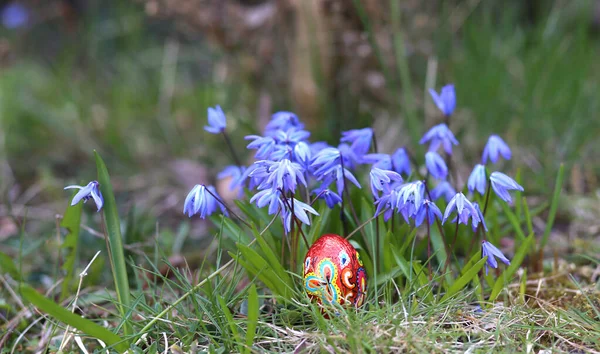 Easter egg hunt. Colorful Easter eggs and the Easter bunny are hidden in the garden and flower beds among the flowers, trees and gravel paths. Holiday traditions. Easter card, banner. Selective focus