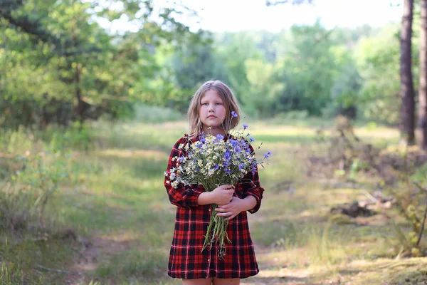 Jolie Fille Dans Forêt Été Avec Bouquet Fleurs Sauvages Détente — Photo