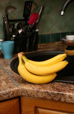 Sağlam bir tahta masada yatan bir avuç muz. Sarı derili olgun muzlar