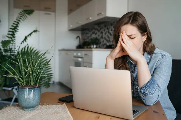 stock image A woman is seated at a table with a laptop computer, surrounded by a houseplant in a flowerpot. The interior design is enhanced by the presence of the computer as an output device