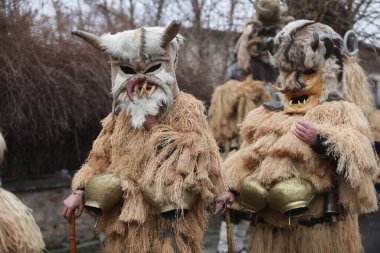 Breznik, Bulgaria - January 21, 2023: Unidentified people with traditional Kukeri costume are seen at the Festival of the Masquerade Games Surova in Breznik, Bulgaria