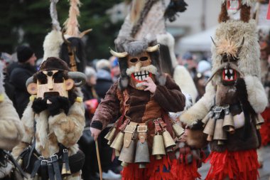 Breznik, Bulgaria - January 21, 2023: Unidentified people with traditional Kukeri costume are seen at the Festival of the Masquerade Games Surova in Breznik, Bulgaria