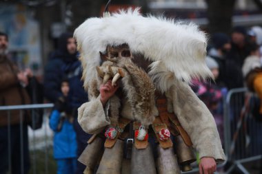 Pernik, Bulgaria - January 27, 2023: International masquerade festival Surva in Pernik, Bulgaria. People with mask called Kukeri dance and perform to scare the evil spirits.