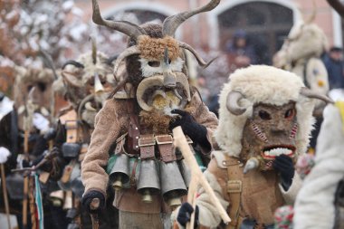 Breznik, Bulgaristan - 20 Ocak 2024: Bulgaristan 'ın Breznik kentinde düzenlenen Maskeli Balo Festivali' nde geleneksel Kukeri kostümlü tanımlanamayan kişiler görülüyor.