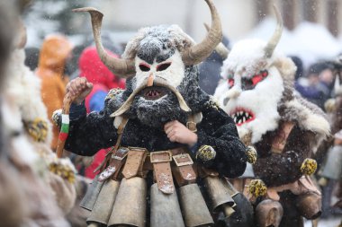Breznik, Bulgaristan - 20 Ocak 2024: Bulgaristan 'ın Breznik kentinde düzenlenen Maskeli Balo Festivali' nde geleneksel Kukeri kostümlü tanımlanamayan kişiler görülüyor.