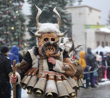 Breznik, Bulgaristan - 20 Ocak 2024: Bulgaristan 'ın Breznik kentinde düzenlenen Maskeli Balo Festivali' nde geleneksel Kukeri kostümlü tanımlanamayan kişiler görülüyor.