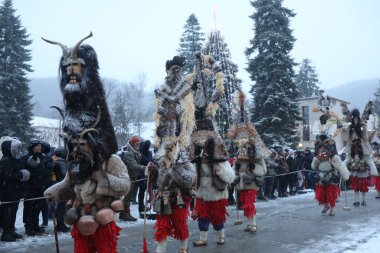 Breznik, Bulgaristan - 20 Ocak 2024: Bulgaristan 'ın Breznik kentinde düzenlenen Maskeli Balo Festivali' nde geleneksel Kukeri kostümlü tanımlanamayan kişiler görülüyor.
