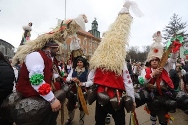 Pernik, Bulgaristan - 27 Ocak 2024: 30. Uluslararası Maskeli Balo Festivali Surva, Bulgaristan. Kukeri adındaki maskeli insanlar dans ediyor ve kötü ruhları korkutmak için gösteri yapıyorlar..