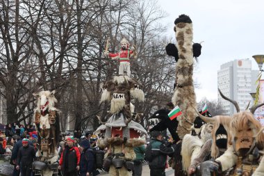 Pernik, Bulgaristan - 27 Ocak 2024: 30. Uluslararası Maskeli Balo Festivali Surva, Bulgaristan. Kukeri adındaki maskeli insanlar dans ediyor ve kötü ruhları korkutmak için gösteri yapıyorlar..