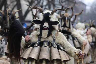 Pernik, Bulgaristan - 27 Ocak 2024: 30. Uluslararası Maskeli Balo Festivali Surva, Bulgaristan. Kukeri adındaki maskeli insanlar dans ediyor ve kötü ruhları korkutmak için gösteri yapıyorlar..