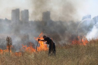 Sofya, Bulgaristan - 13 Ağustos 2024: İtfaiyeciler Bulgaristan 'ın Sofya Havaalanı yakınlarındaki bir sahada kuru çimen yakmaktan çıkan yangını söndürdüler