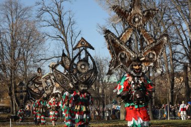 Sofya, Bulgaristan - 05 Ocak 2025: Bulgaristan 'ın Sofya kentinde düzenlenen Surva maskeli oyun festivali. Maskeli ve ritüel kostümlü Kukeri geçidi denilen insanlar, Sofya ve Bulgaristan 'daki kötü ruhları kovmak için ayin dansları yapıyorlar.