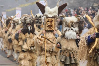 Pernik, Bulgaristan - 25 Ocak 2025: Bulgaristan 'ın Pernik kentinde düzenlenen 31. Uluslararası Maskeli Balo Festivali Surva. Kukeri adındaki maskeli insanlar dans ediyor ve kötü ruhları korkutmak için gösteri yapıyorlar..