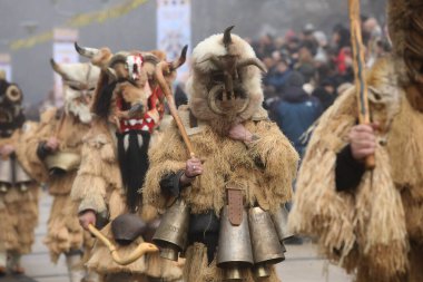 Pernik, Bulgaristan - 25 Ocak 2025: Bulgaristan 'ın Pernik kentinde düzenlenen 31. Uluslararası Maskeli Balo Festivali Surva. Kukeri adındaki maskeli insanlar dans ediyor ve kötü ruhları korkutmak için gösteri yapıyorlar..