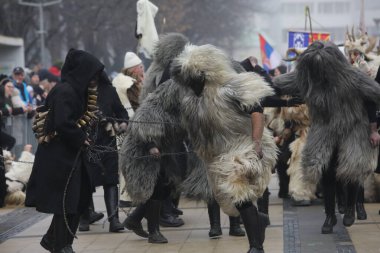 Pernik, Bulgaria - January 25, 2025: Cultural association presenting traditional masks Urthos and Buttudos Fonni, Italy participates in The 31th International masquerade festival Surva in Pernik, Bulgaria clipart