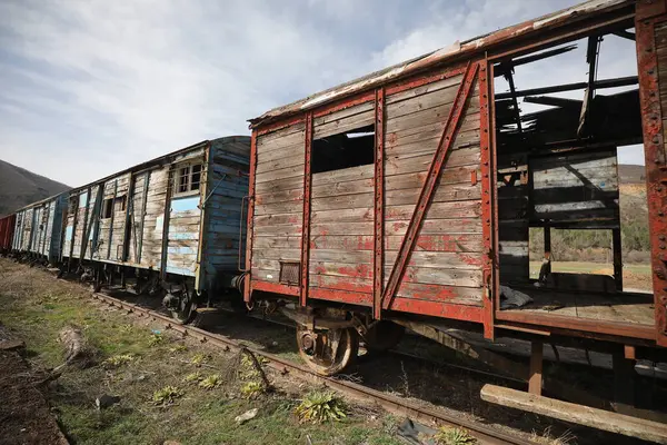 İstasyonda terkedilmiş eski demiryolu vagonları, terkedilmiş bir istasyonda eski tren arabaları