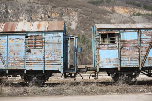 İstasyonda terkedilmiş eski demiryolu vagonları, terkedilmiş bir istasyonda eski tren arabaları