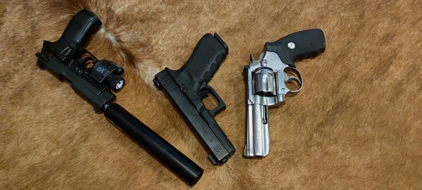 SIG SAUER .22LR Pistol View, Glock 17, 9mm Luger, Colt King Cobra Revolver, 357 Magnum, Pistol on Fur Pad, fotoğraf