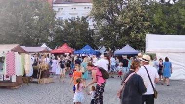 Uherske Hradiste, Çek Cumhuriyeti - 10.09.2023: Meydanda tezgahlardan geçen insanların görüntüsü, Şarap Festivali, Uherske Hradiste