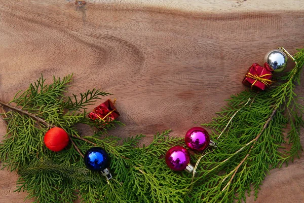 Christmas Background Fir Branches Cones Wooden Board — Stock Photo, Image