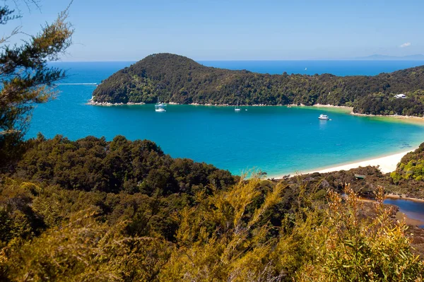 beautiful view of bay with ships in abel tasman national park, southern island new zealand