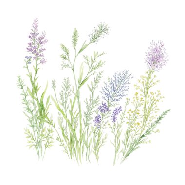 Kurutulmuş çimen buketi, çerçeve. Yabani çiçekler, bitkiler suluboya boyayla boyanmış. Botanik boho elementleri beyaza izole edilmiş. Düğün davetiyesi, selamlama, kart, baskı