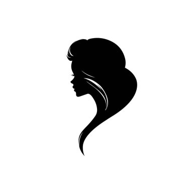 Kadın yüz logo tasarımı. Vektör illüstrasyon. Kozmetik, güzellik, sağlık ve spa, moda temaları için kız silueti. Kıvırcık saçlı yaratıcı kadın simgesi.
