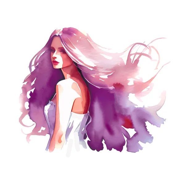 Akvarel Módní Žena Dlouhými Vlasy Vektorová Ilustrace Krásná Mořská Panna — Stockový vektor