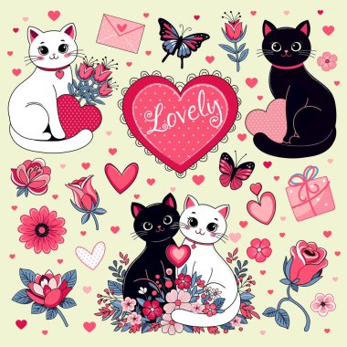 Hediye kutusunda çiçekler olan komik çizgi film kedisi, tebrik kartı. Doodle tarzı çizim, sevimli bir hayvanın vektör çizimi.