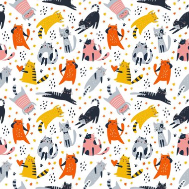 Farklı komik kedileri olan şirin bir desen. Yaratıcı çocuksu doku. Beyaz arkaplanda kumaş ve tekstil vektörü çizimi için harika