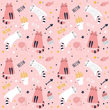 Pembe arka planda izole edilmiş, kutuda saklanan sevimli komik kedileri olan kusursuz desenler. Düz çizgi film tarzı. Vektör çizimi. Paket kağıdı için, tekstil pembe arkaplan
