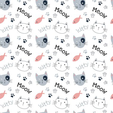 Şirin komik kedileri olan, kutuda saklanan kusursuz bir desen. Düz çizgi film tarzı. Vektör çizimi. Paket kağıdı için, tekstil beyaz arkaplan