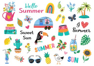 Merhaba Yaz Kedileri koleksiyonu. Flamingo, dondurma, palmiye ağacı gibi renkli karalama yaz sembollerinin vektör çizimi. beyaz arkaplanda izole